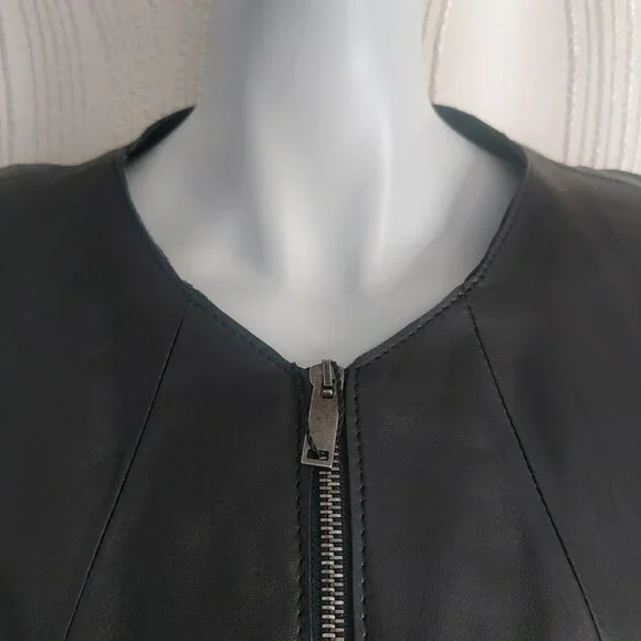 NWT ZARA Leather Jacket L Black Collarless Dressy Workwear Edgy Zip Up Pockets - Picture 4 of 12